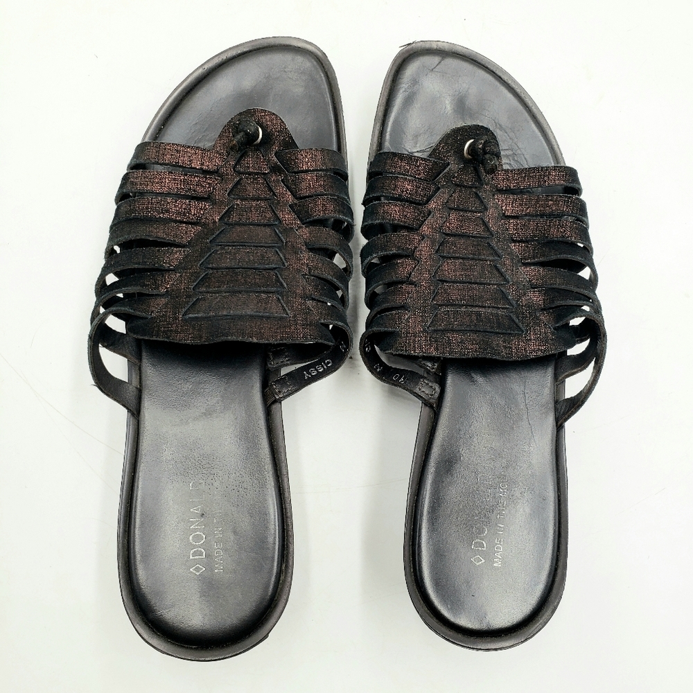 Donald Pliner Cissy Sandals Womens 10 Black Bronze Wedge Thong Weaved Leather - Picture 8 of 11